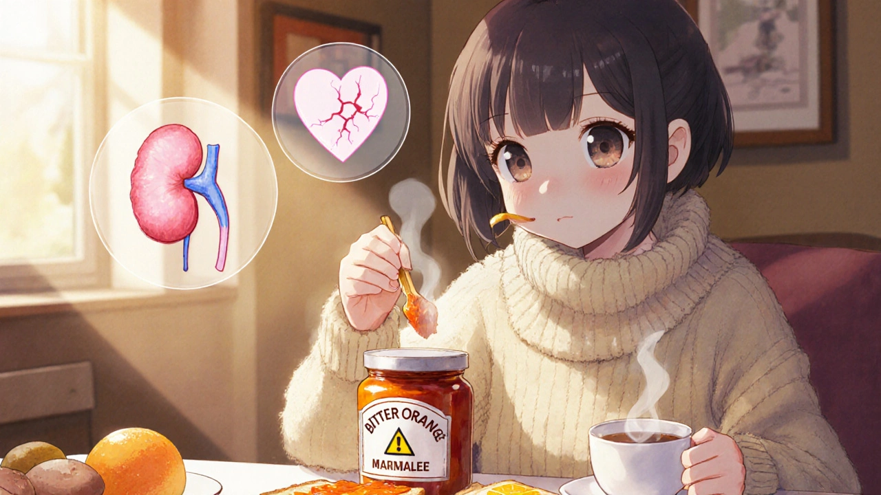 A woman spreading Seville orange marmalade on toast, with ghostly medical warning icons above.