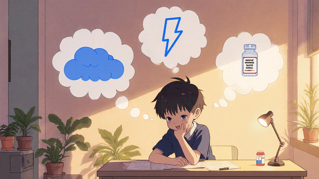Anime boy pondering medication choices with thought bubbles showing cough types and options.