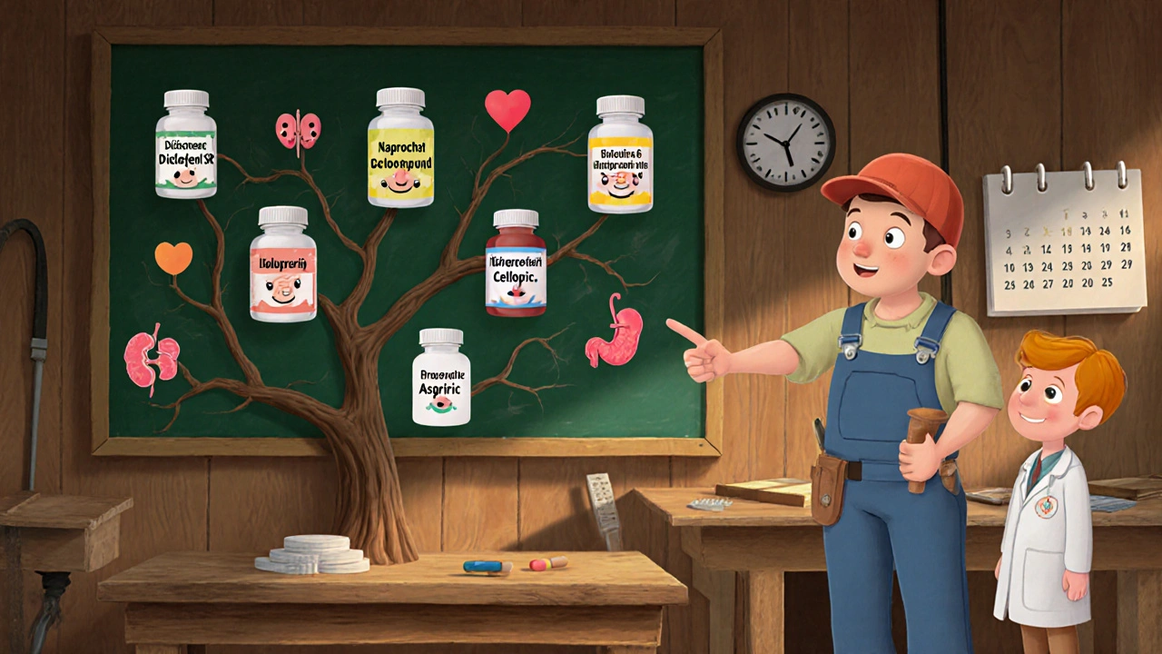 Cartoon carpenter Mark consulting a decision tree of NSAID options with health icons.