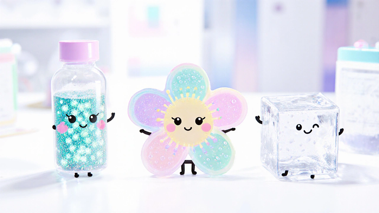 Cute nano‑gel, microneedle patch, and hydrogel devices displayed with a skin‑cell mascot.