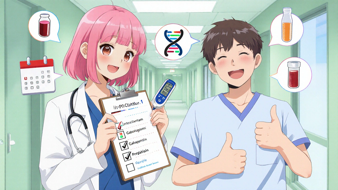 Doctor and patient reviewing a checklist with blood test, DNA, and alternative meds icons.