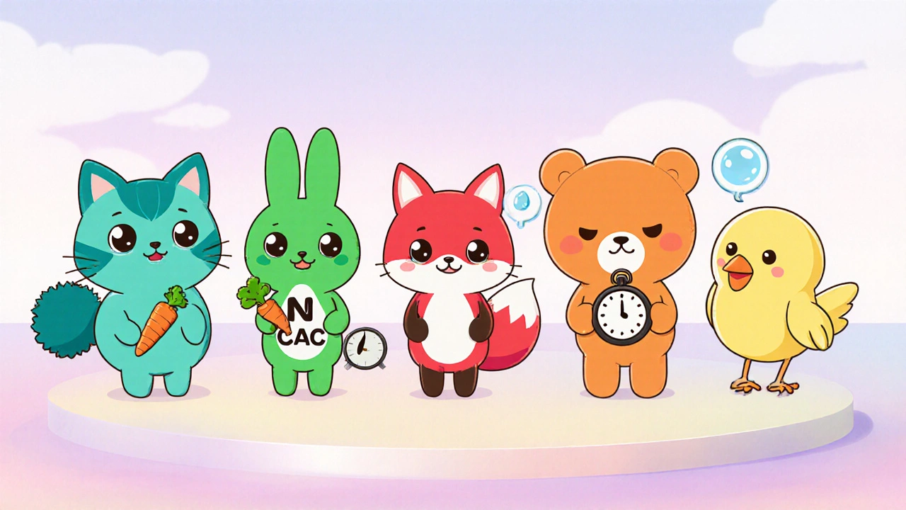 Five moe mascot characters representing different mucolytic drugs stand together.
