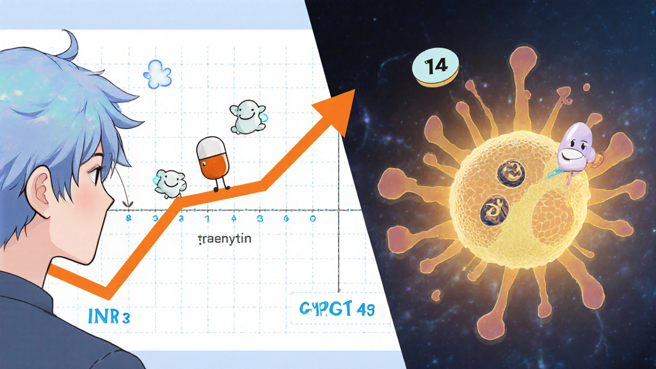 Split scene showing INR rise with protein displacement and later drop with enzyme induction.